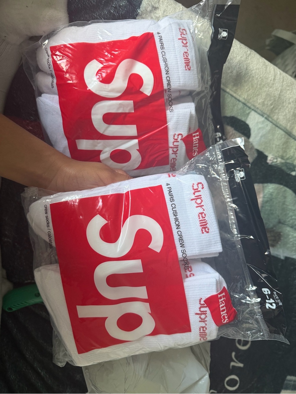 Supreme White Crew Socks with Red Logo - Pack of 4 - Picture 2 of 2